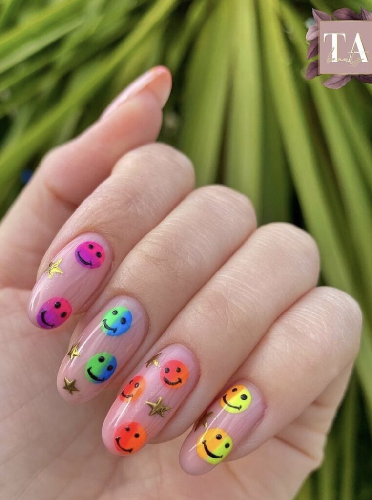 Neon & Gold Smiley Face Nails