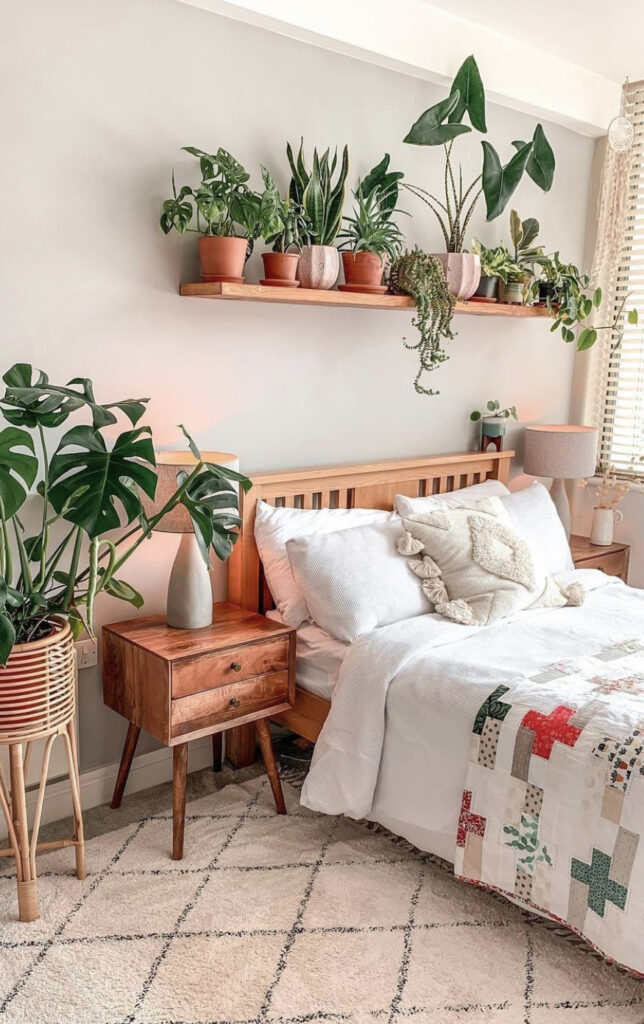Boho Bedroom with Wall Shelf & Plants