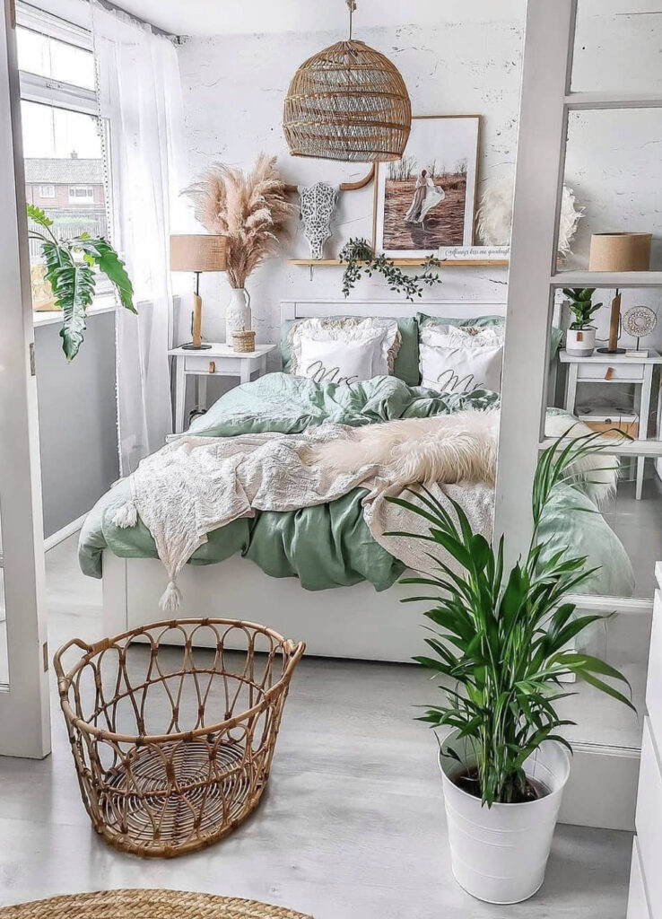 Light Boho Bedroom with Green Comforter