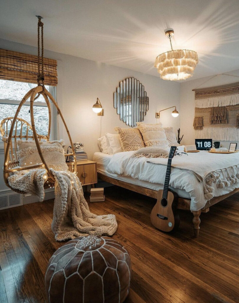 Boho Bedroom With Bamboo Swing Chair