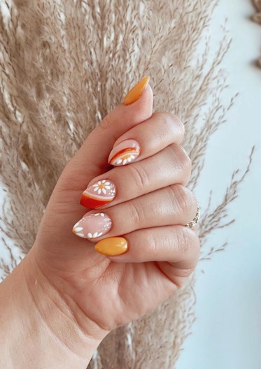 Shades of Orange Floral Fall Nails
