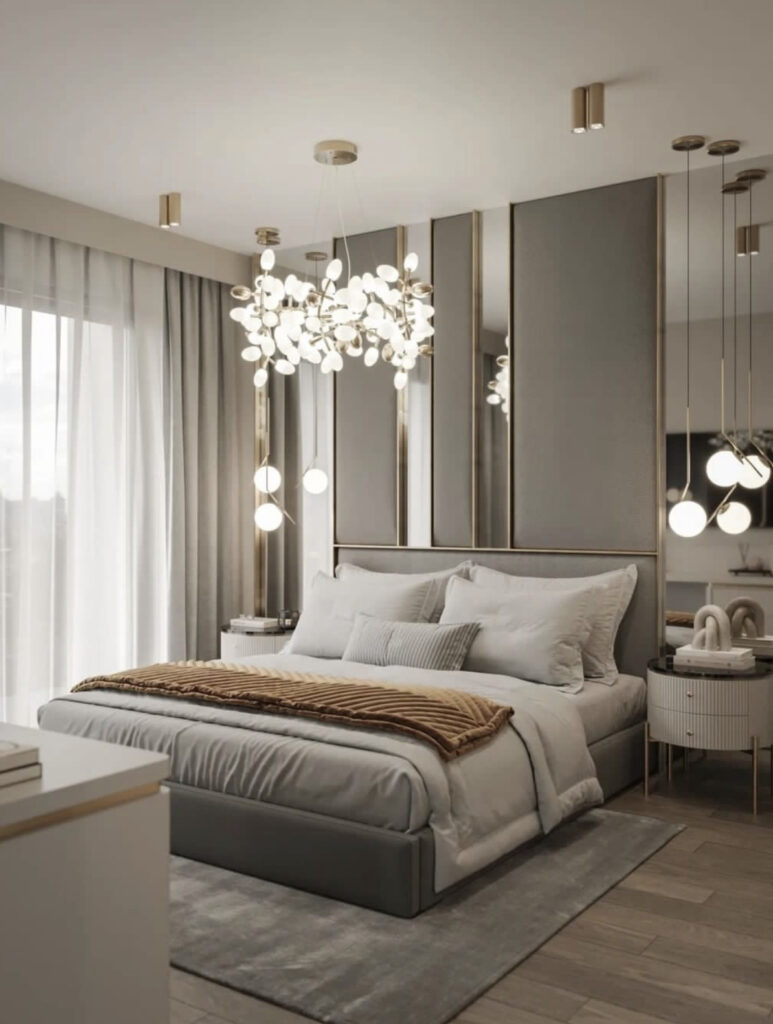 Luxury bedroom with clustered light feature