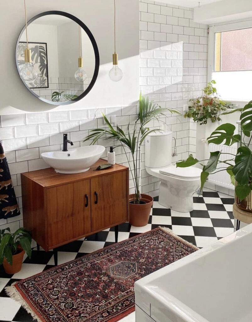 Checkerboard Tile Boho Bathroom