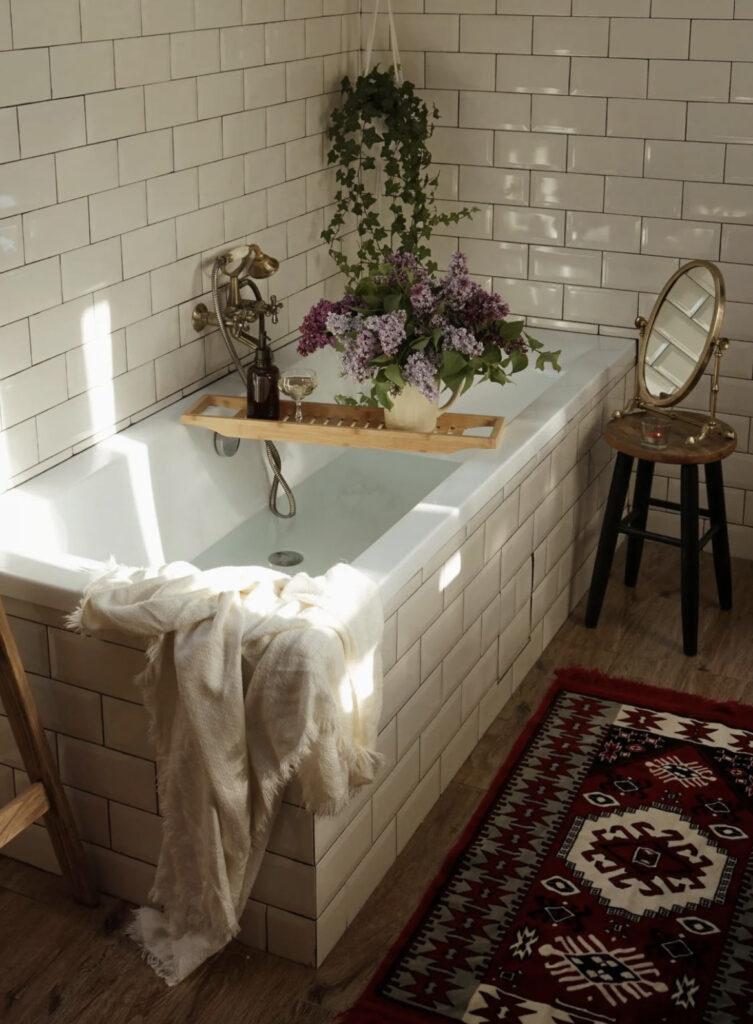 Boho Subway Tile Bath with Bath Tray