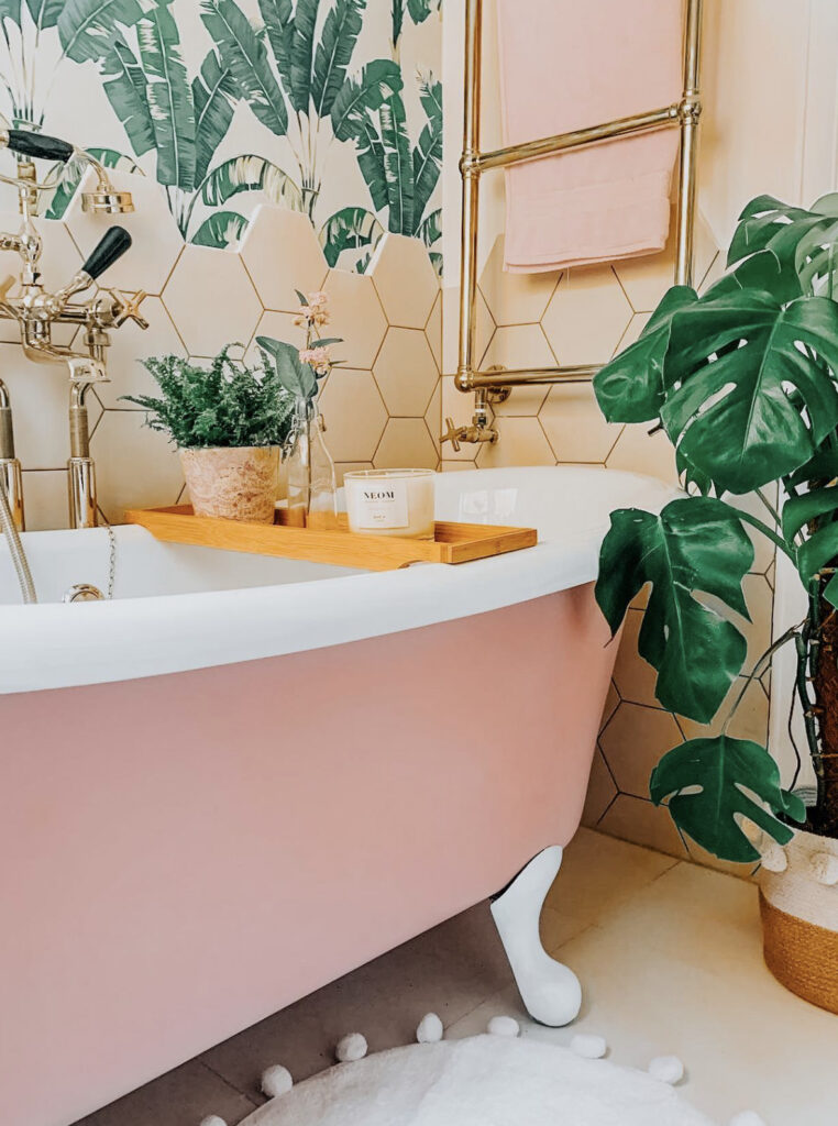 Pink, Gold, and Green Palm Leaf Bathroom