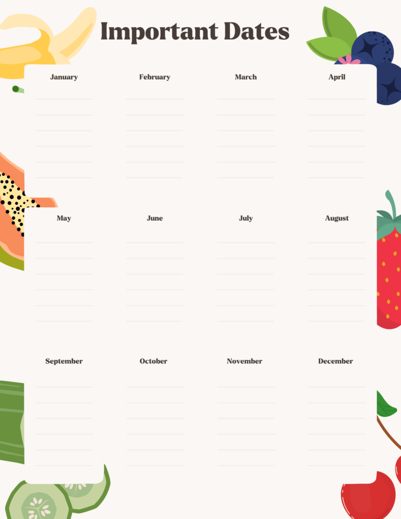 Fresh fruit Important Dates Planner