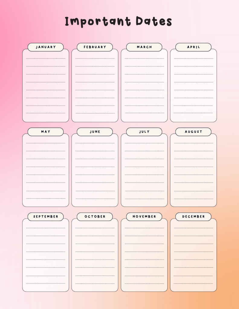 Pink and orange  Important Dates Planner