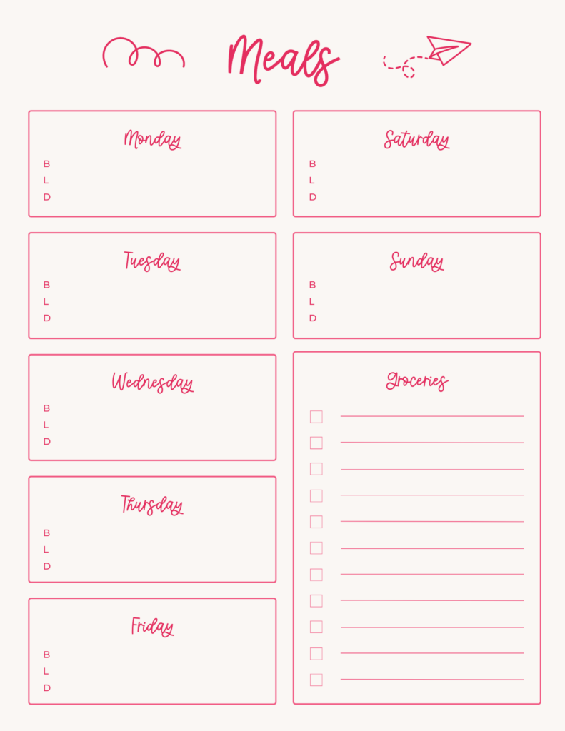 Pink Monochrome Free Weekly Meal Planner Template