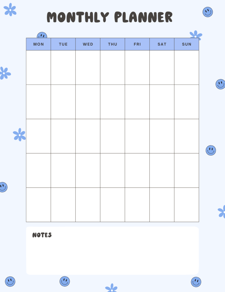 Smiley Doodles Free Monthly Planner Layout