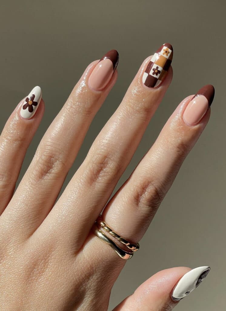 Brown and White Checkerboard & Floral Nails