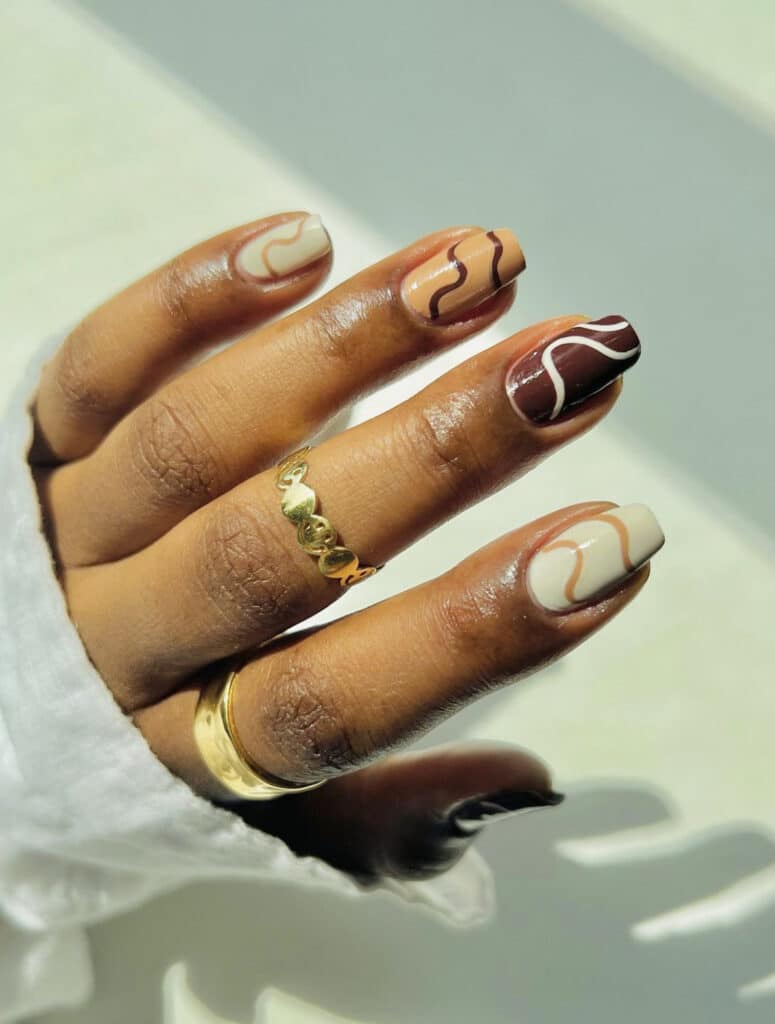 Brown, Tan, and White Line Art Fall Nails