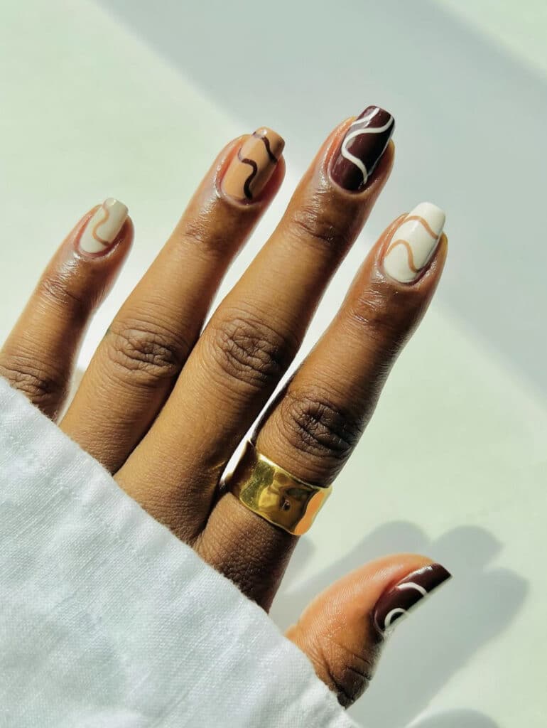 Brown, Tan, and White Line Art Fall Nails