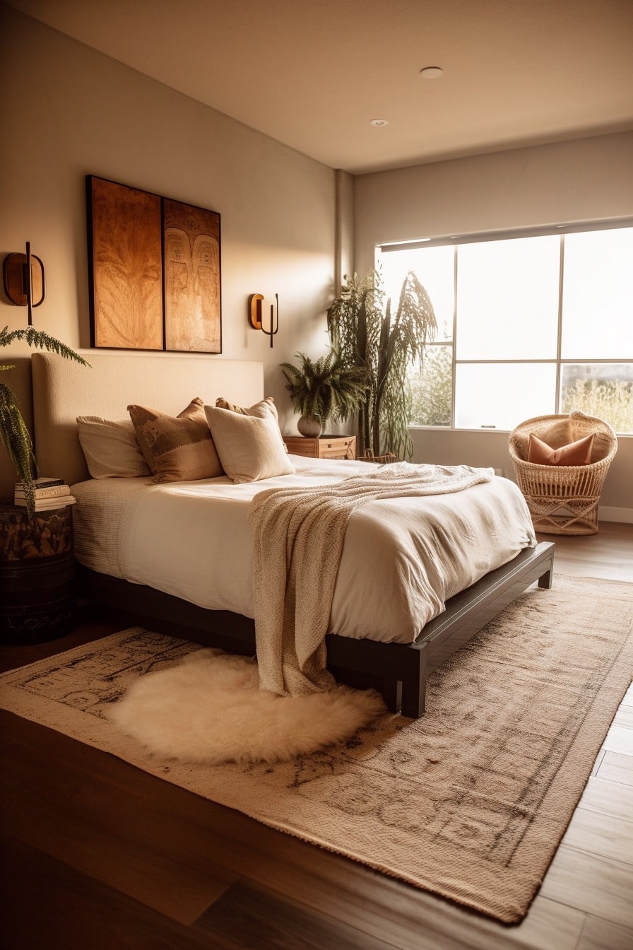 This is an editorial style photograph of a contemporary and cozy earthy bedroom in San Francisco. The room features an area rug and bed made of cotton, jute, and leather, wall art, earth tones, and neutrals, and natural light from a sunset. The photo was taken in the late afternoon, and the room creates a relaxing and warm atmosphere.