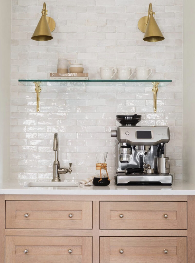 Neutral Coffee Station with Handmade Looking Subway Tile