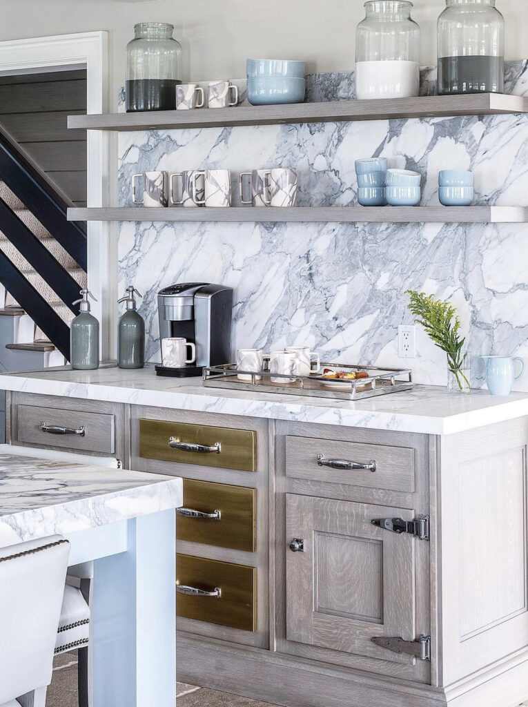 Light Blue and Marble Kitchen Counter Coffee Bar with Visible Shelves