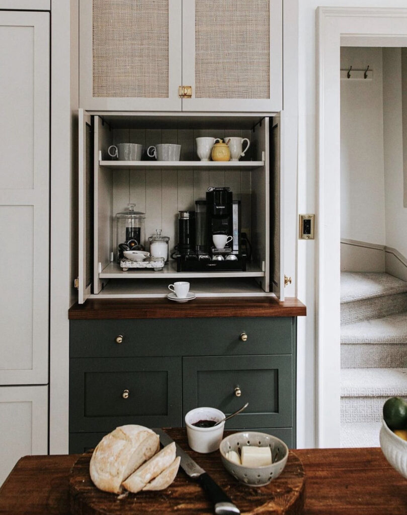 Green & Cream Built in Coffee Station with Cane Cabinets