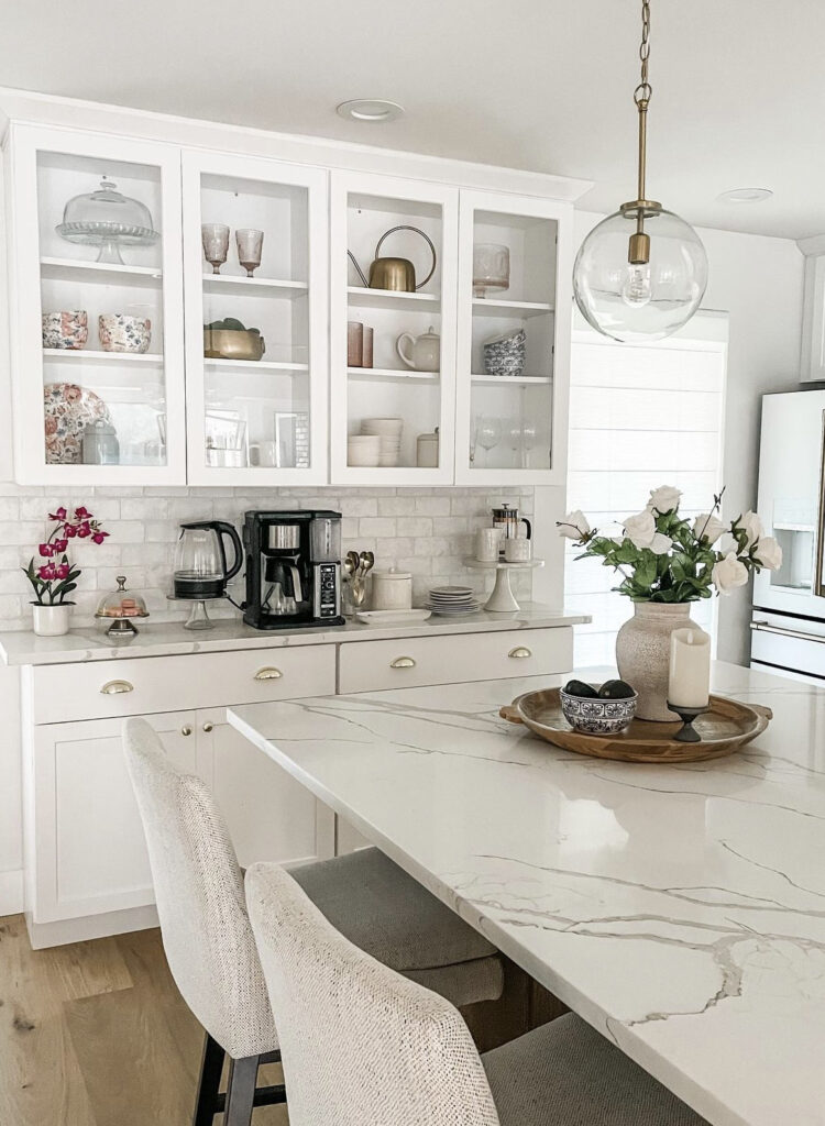Clean Modern White Kitchen Counter Coffee Station with Bakery Treats