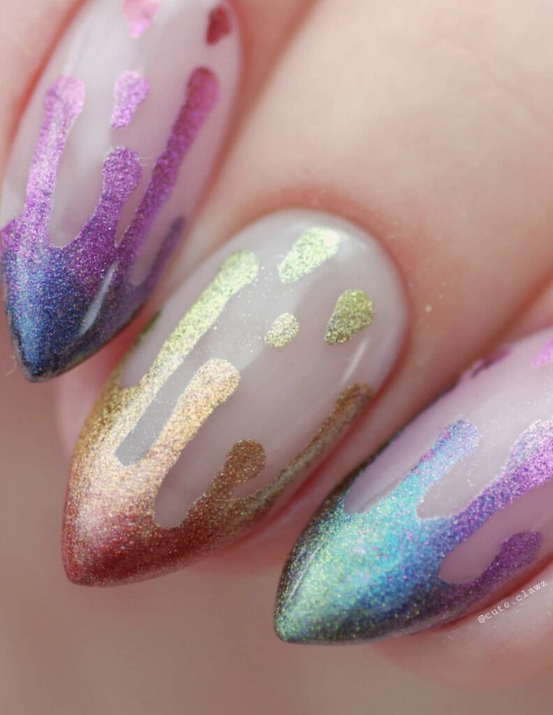 Dripping rainbow glitter chrome nails