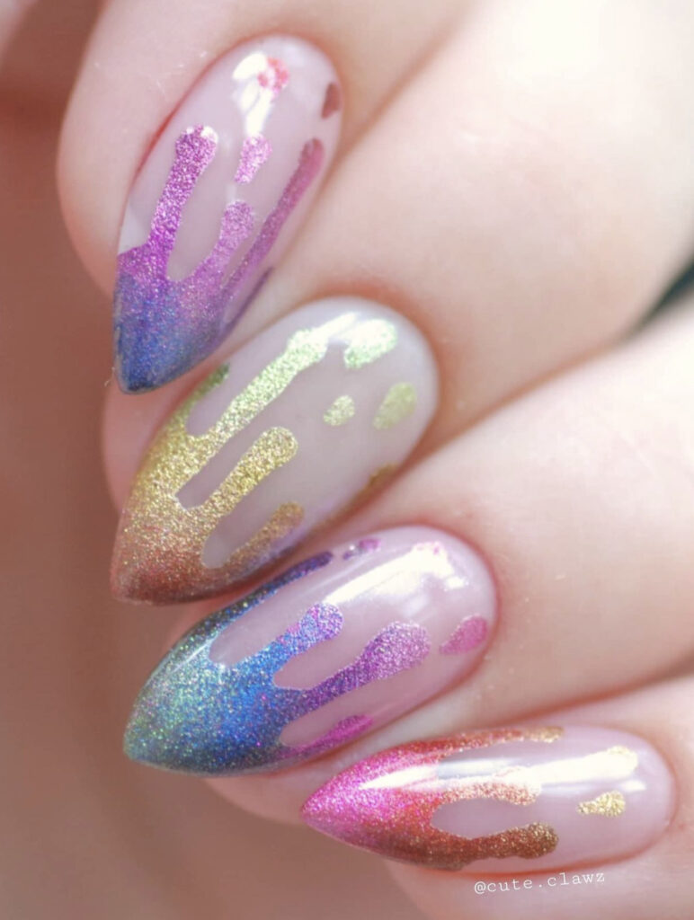 Dripping rainbow glitter chrome nails