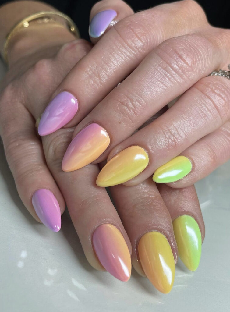 Pastel rainbow white chrome nails