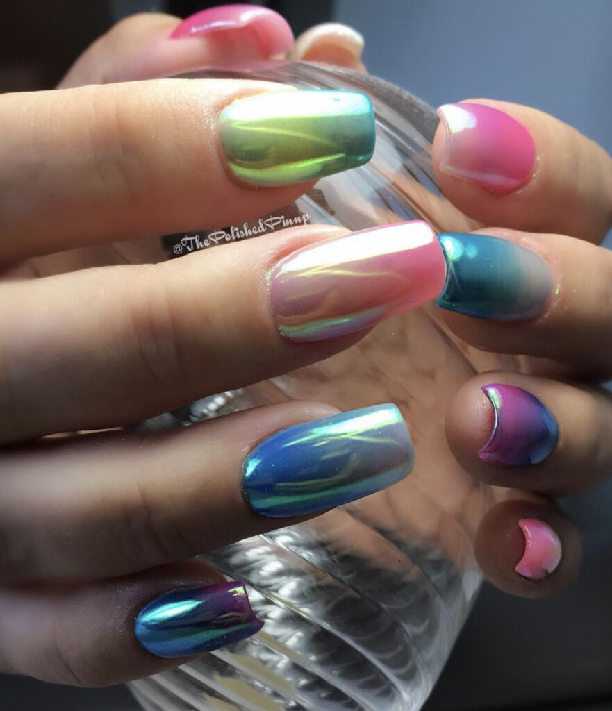Long chrome ombre rainbow nails