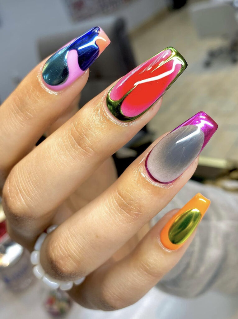 Colorful funky chrome nails