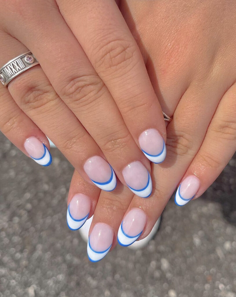 White Tip with Bright Blue Outline Simple Nails
