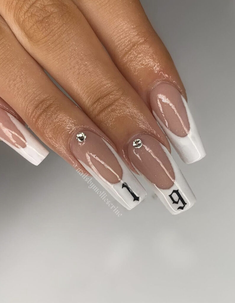 19th Birthday French Tip with Age Lettering and Rhinestones