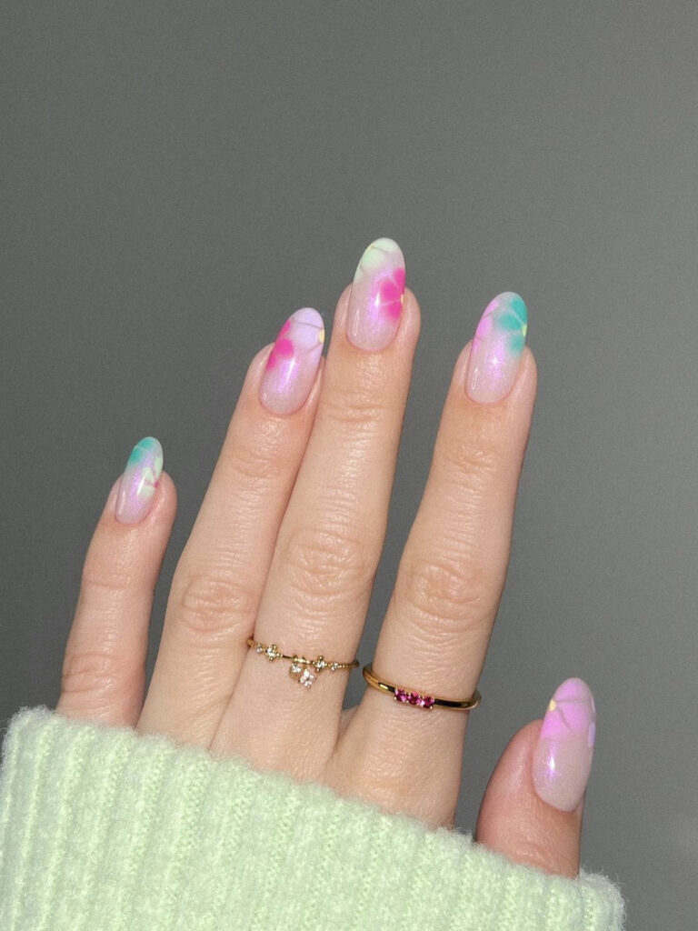 Pink, Teal, and Green Flowers Nail Designs