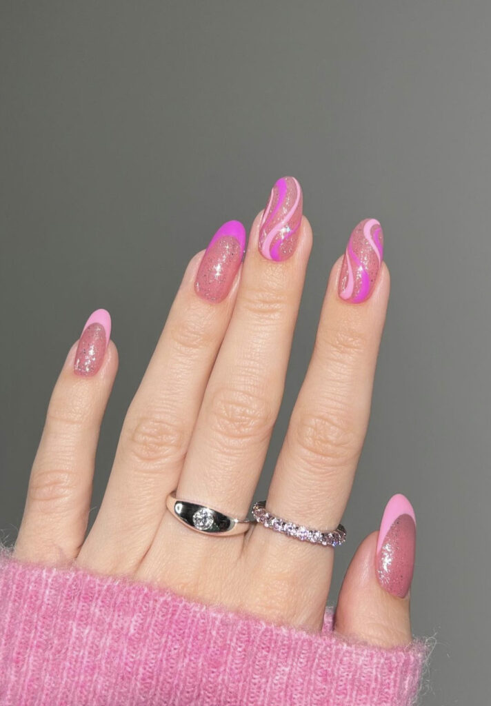 Hot Pink Swirls on Light Pink Glitter Birthday Nails