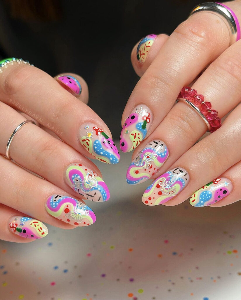 Swirly Y2K Birthday Nails with with mushrooms, stars, and Butterflies