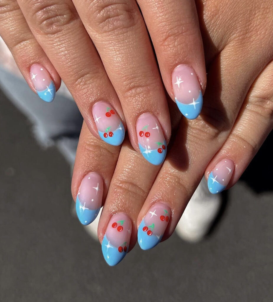 Cherries and Bright Blue Tips Nail Designs