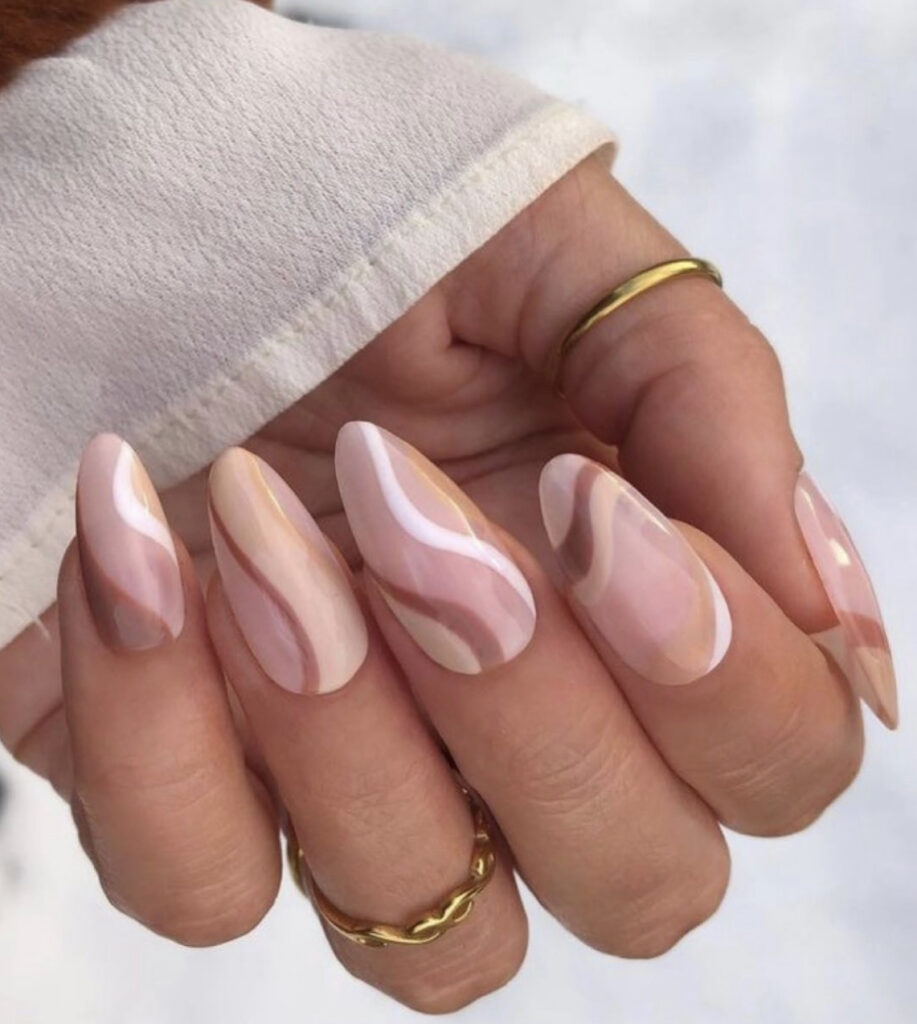 Simple Nude Nails with Brown and White Waves