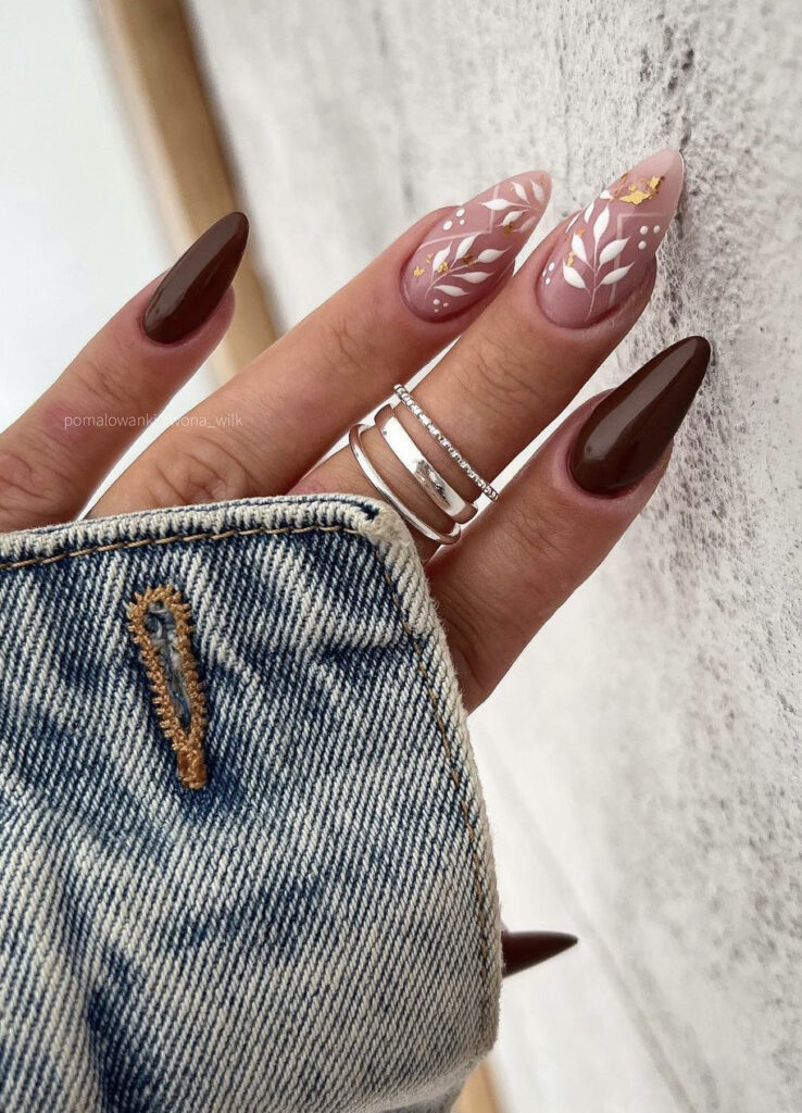 Brown Nails with Gold and White Leaf designs