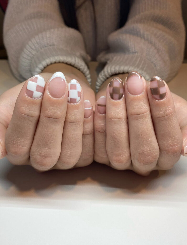 Brown & White Checkerboard Designs on Nude Nails