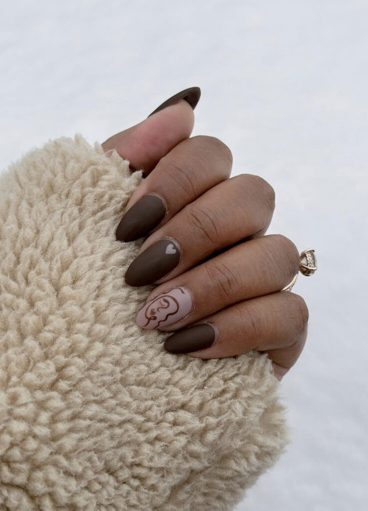 Brown Nails with Artistic Party Nail & Nude Heart