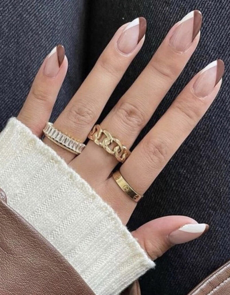 Brown & White Crossover French Tips