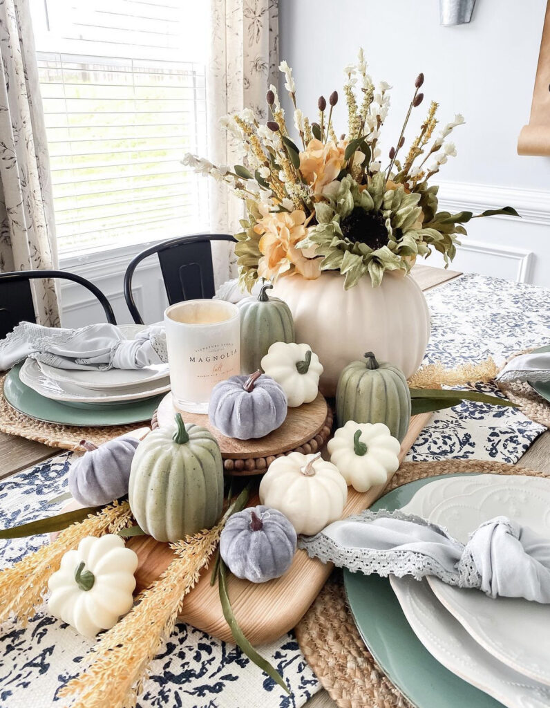 Light Sage, White, and Blue Table Setting with Suede Pumpkins