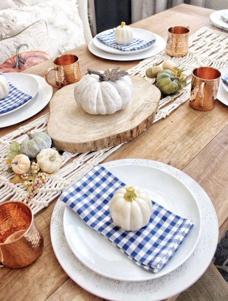 Gingham & Pumpkins Fall Wood Table Setting