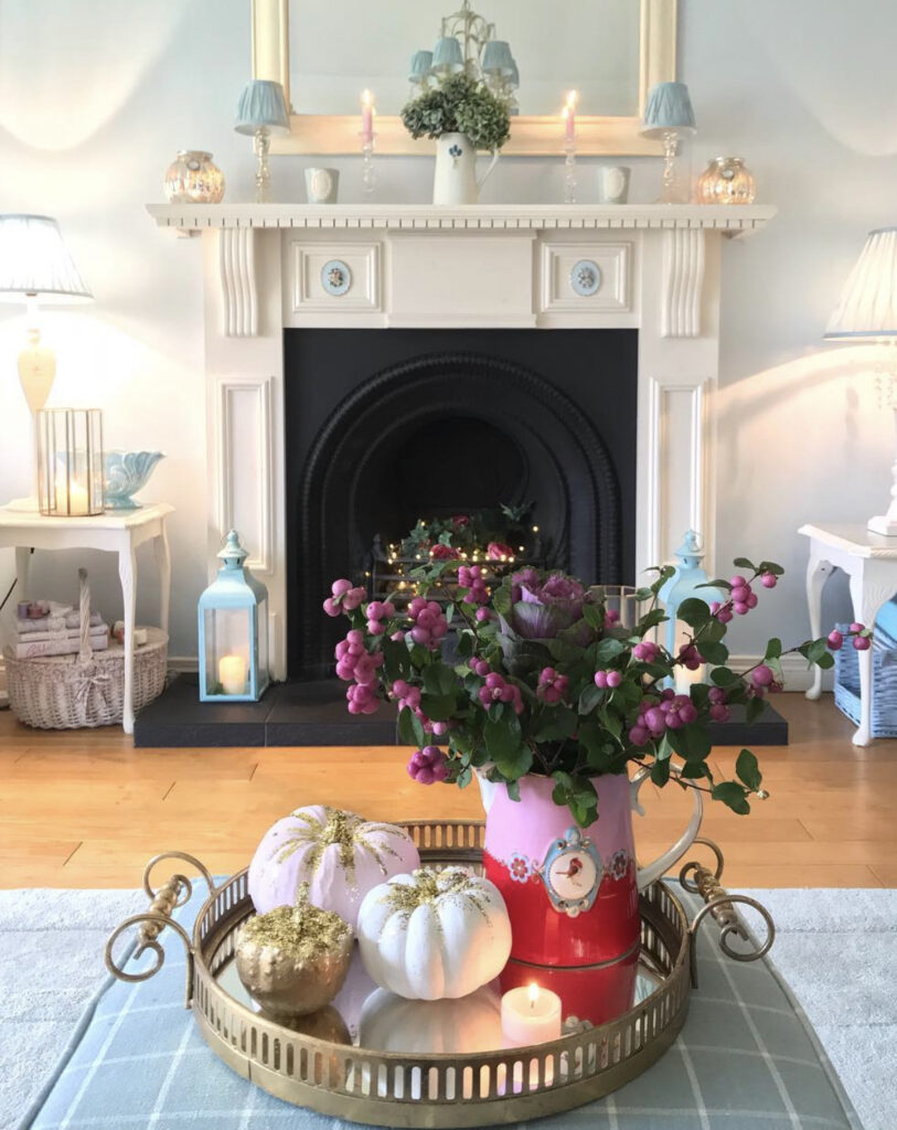 Artsy Pink, Blue & Gold Fall Living Room