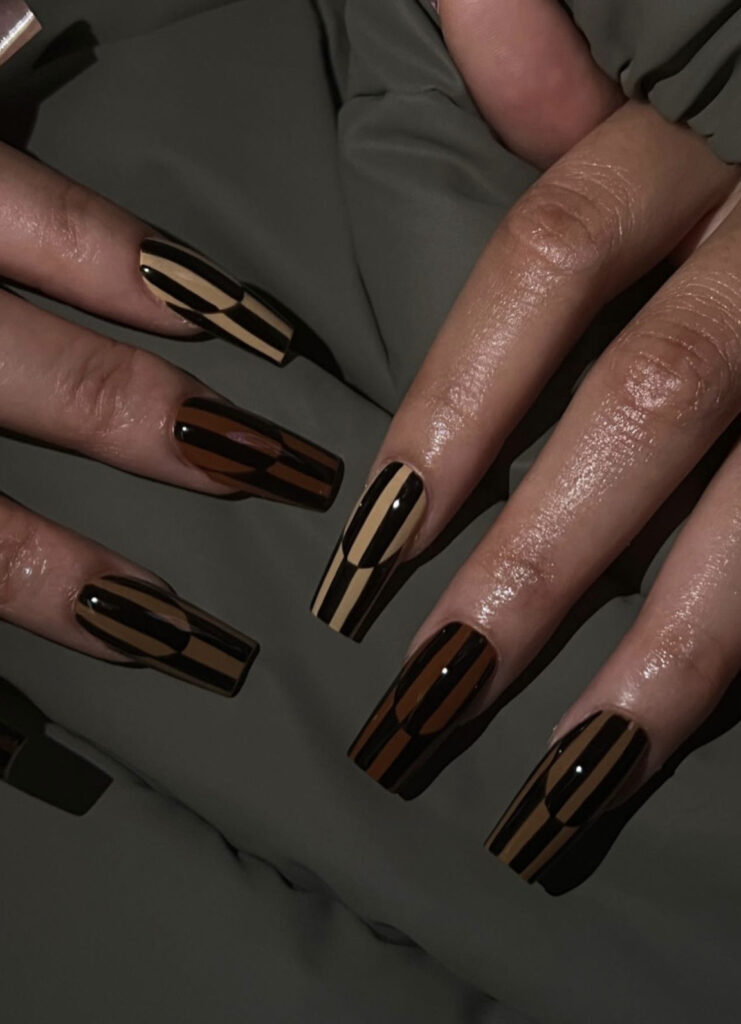 Nude & Brown Nails with Black Geometric Detailing