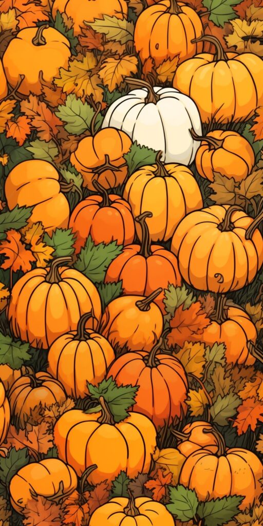Pumpkin & Fall Leaves Patterned Wallpaper