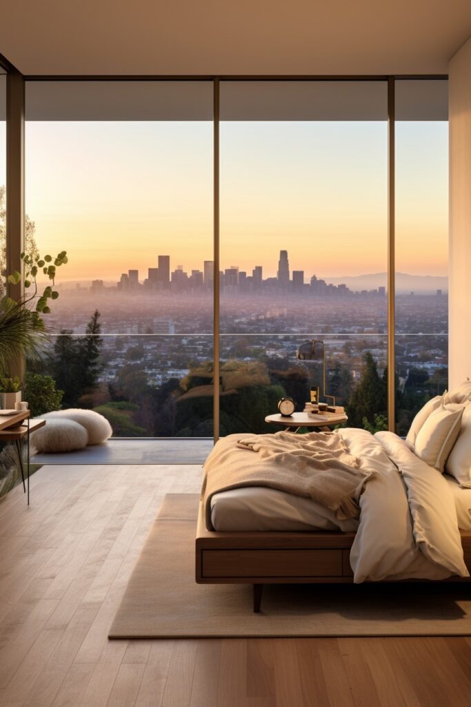 Modern Bohemian Minimalist Bedroom with City View