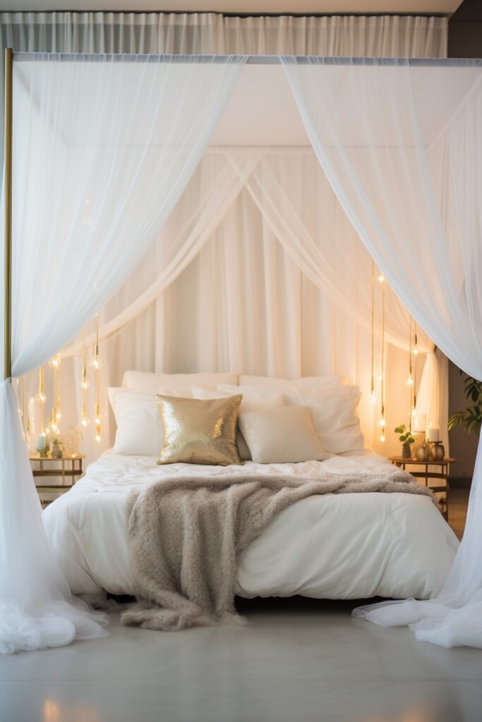 Cozy Canopy Bed in the Evening with Gold Accents