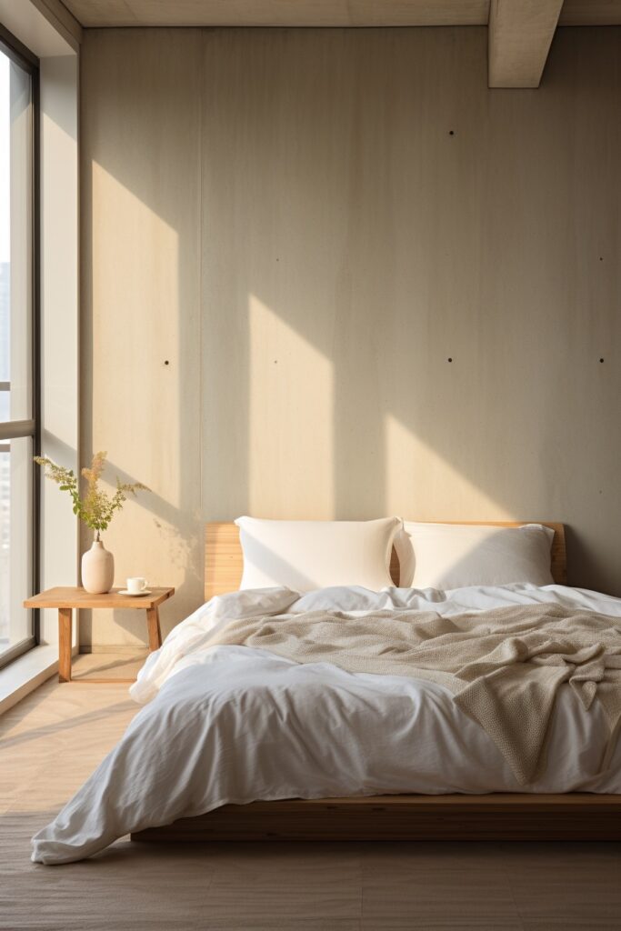 Simple Concrete, Wood & Linen Minimalist Bedroom
