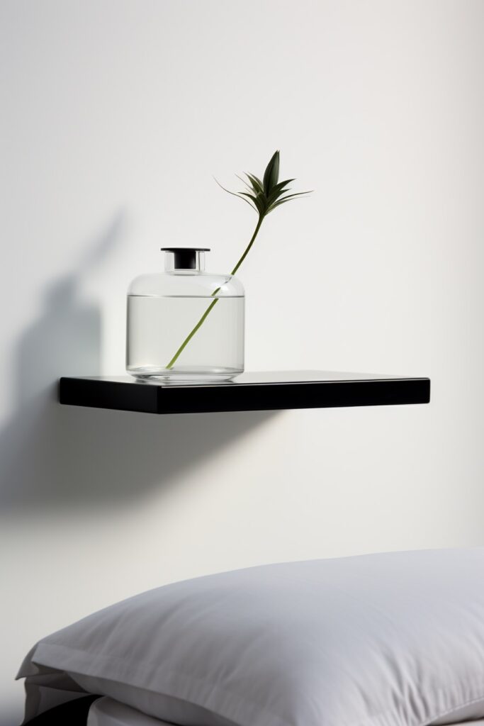 Minimalist Bedroom with Black Floating Shelves