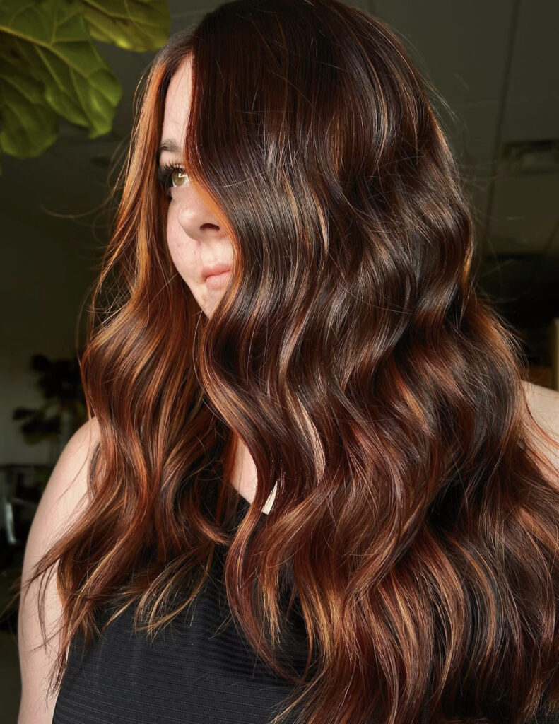 Deep Glossy Brown Hair With Copper Balayage