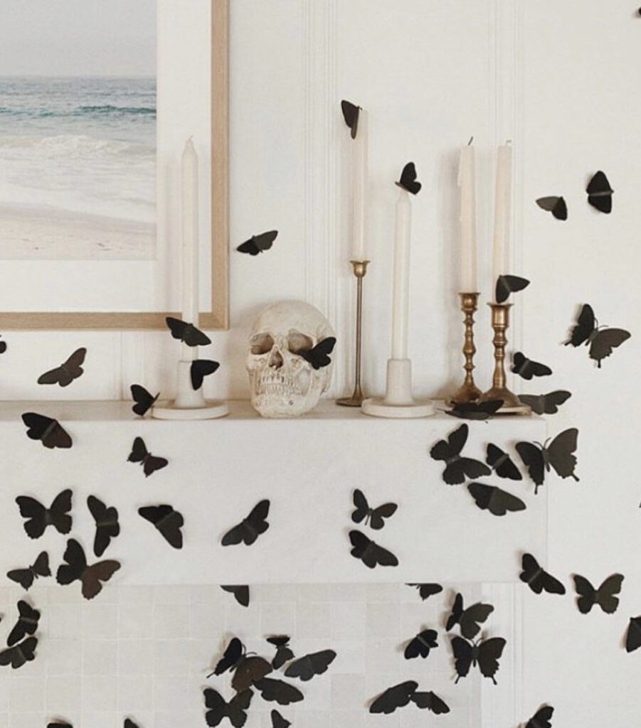 Black Butterflies on a White Wall & Mantle Minimalist Halloween Decor