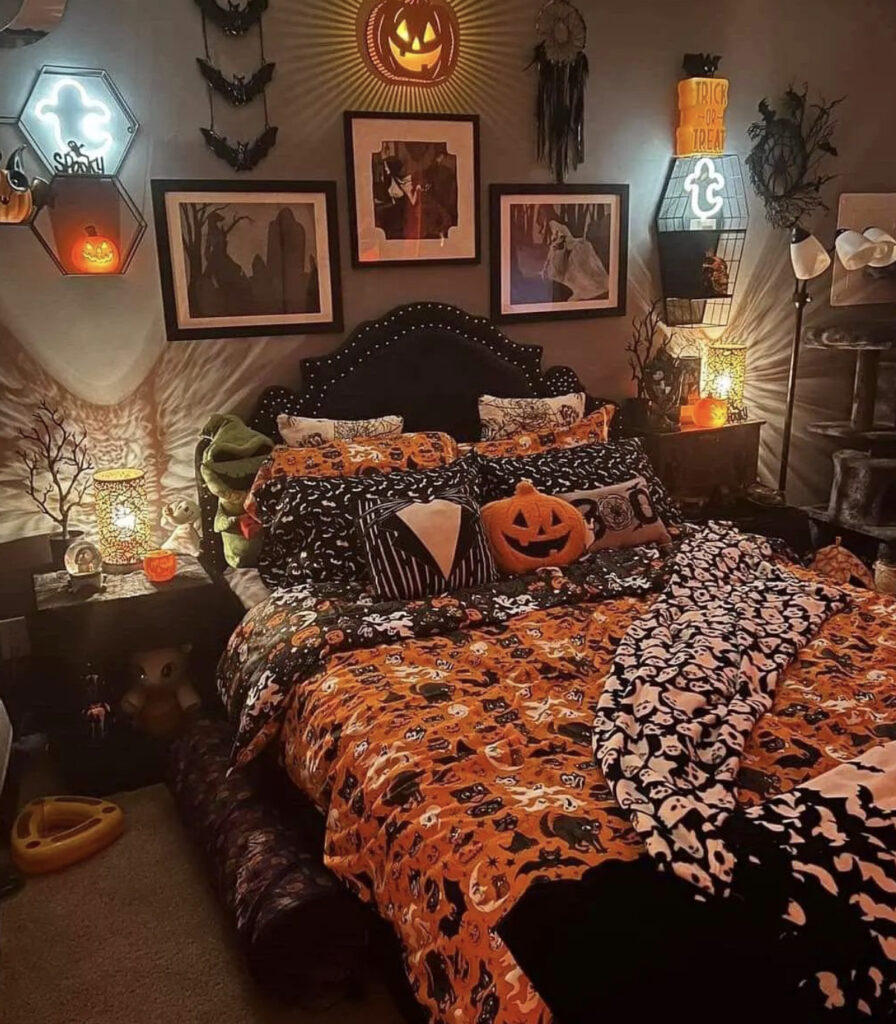 Cozy Orange & Black Halloween Themed Bedroom