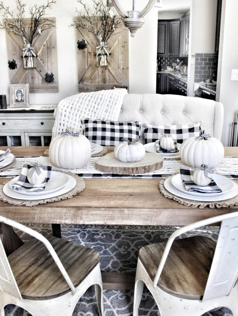 Black & White Gingham with White Pumpkins Farmhouse Table Setting